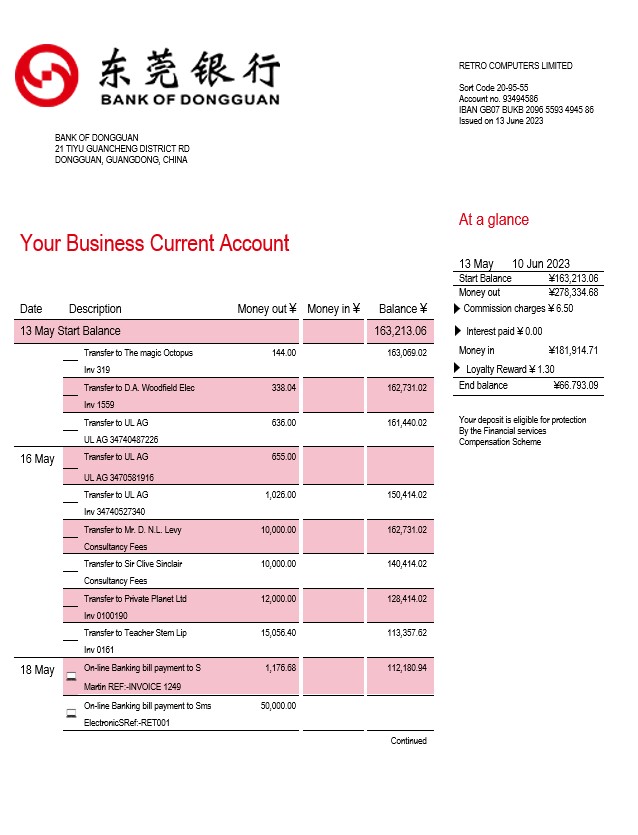 Modèle Word et PDF de relevé de compte de l'organisation de la Banque de Dongguan